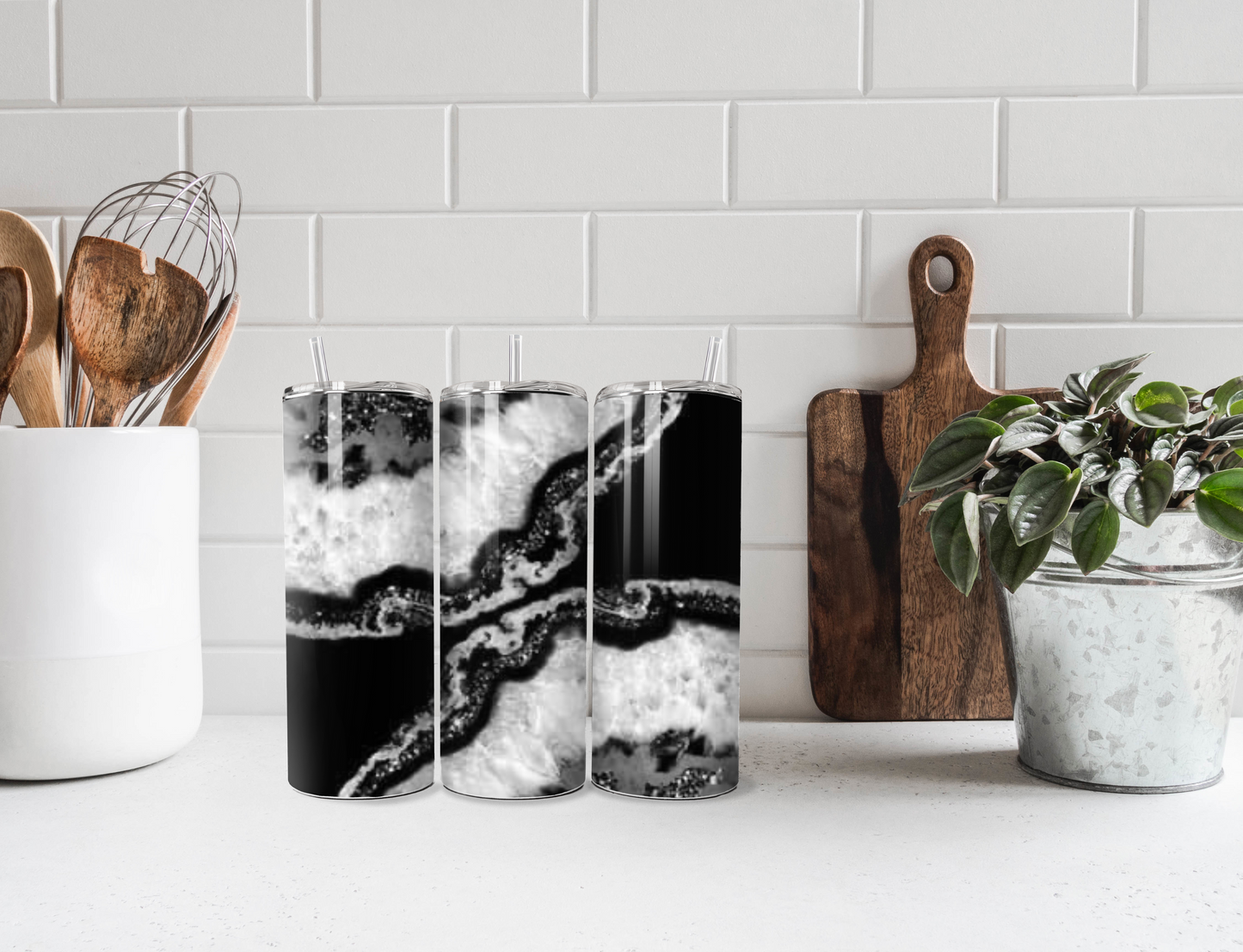 Marble Design - White and Black Tumbler